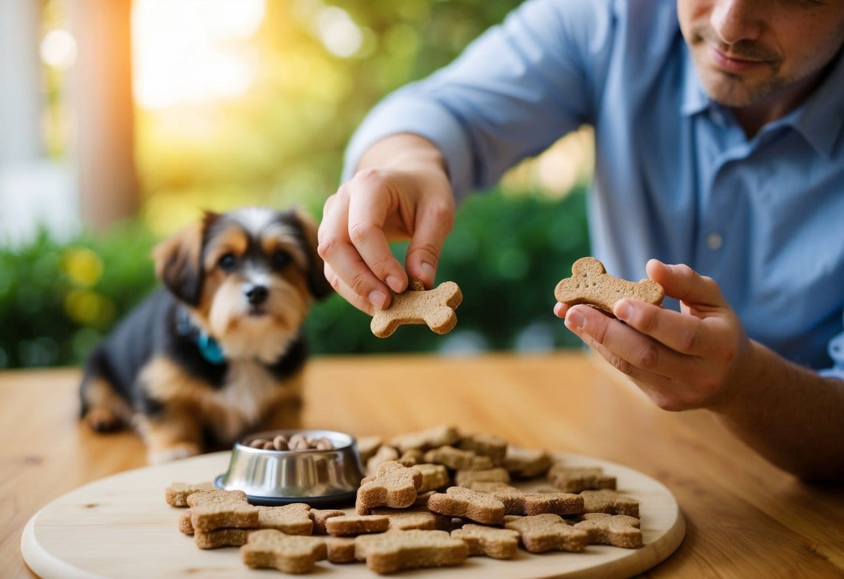 En person udvælger omhyggeligt hundegodbidder fra en række muligheder og overvejer ingredienserne og den ernæringsmæssige værdi for deres kæledyr